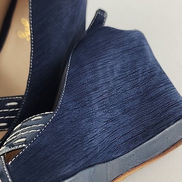 Modern Vintage Diva Wedge Slingback Blue Platform Peep Toe Shoe Sandal Sz 6 - Picture 9 of 16